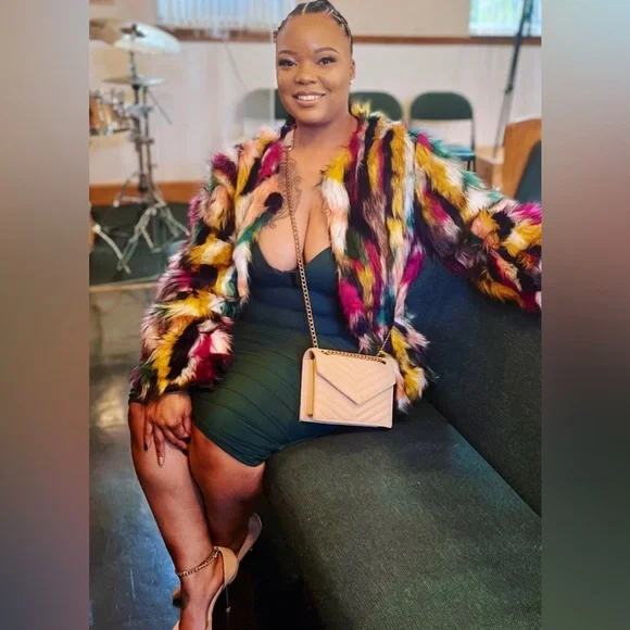 Multicolor Faux Fur Coat Long Sleeve Open Front Luxury Colorful Fuzzy Jacket - Picture 7 of 13